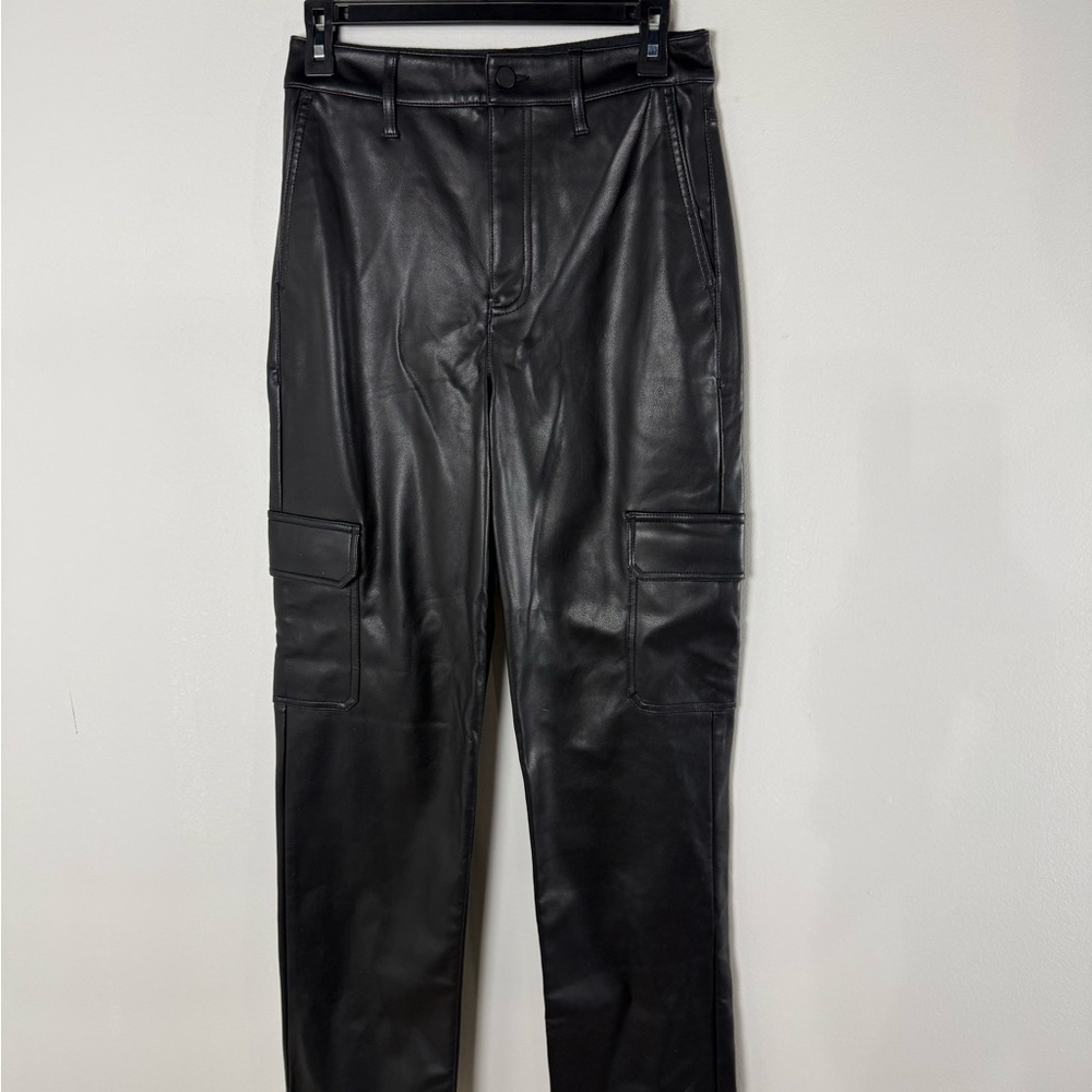 Express Faux Leather Modern Straight Super High Rise Black Cargo Pants 4R